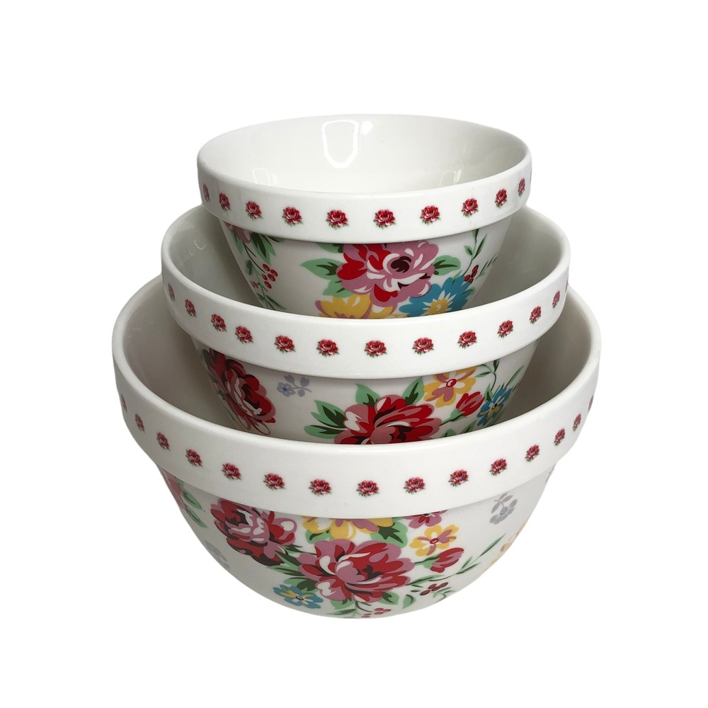 Grace's Pantry Set 3 Nesting Bowls White Floral Spring Flowers Pink Blue